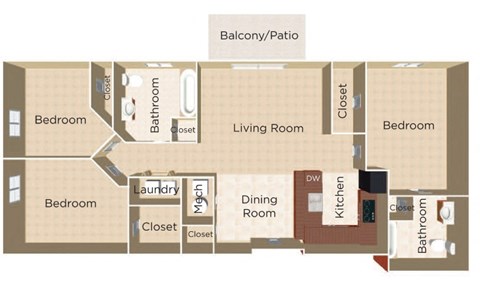 Floor plan for 3 beds, 2 baths, 1041 sqft